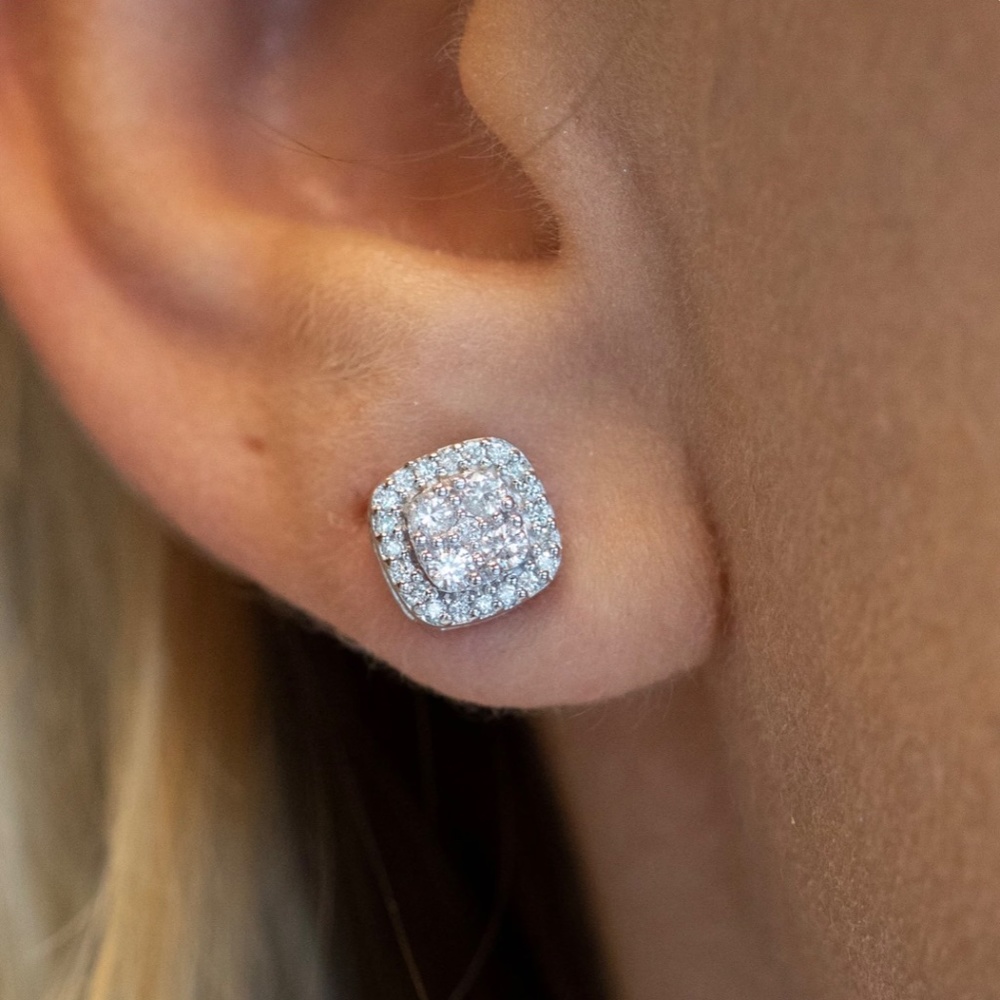Diamond Stud Earrings, halo pave cushion in 14K White Gold .50 ctw, 7x7mm 💎